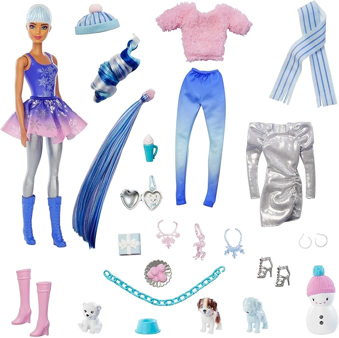 Barbie Color Reveal Advent Calendar, 25 Surprises Include Color Reveal Doll, 1 Color Reveal Pet, Clothes, Accessories & Kid-Sized Bracelet with 2 Charms, Gift for Kids 3 Years Old & Up