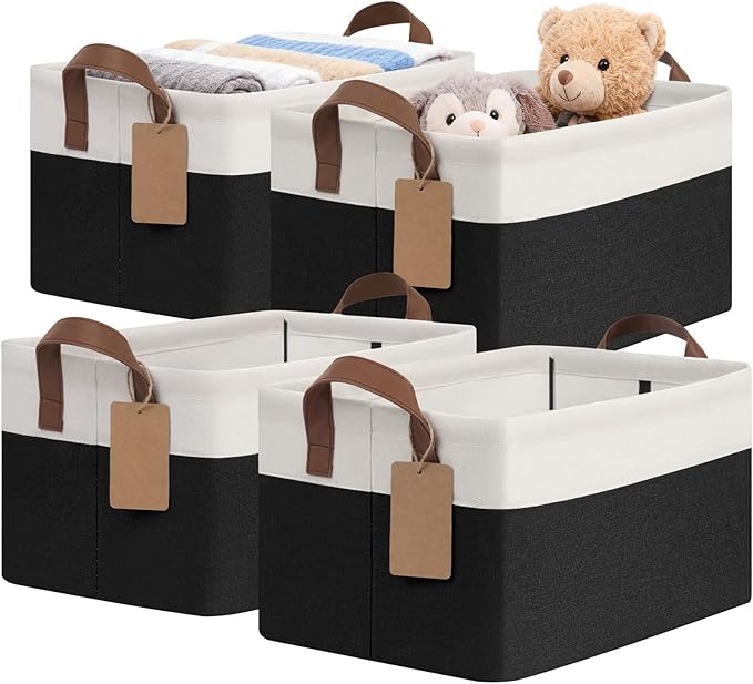 CHICVITA 4 Pack Storage Baskets for Shelves, Foldable Closet Baskets for Organizing, Fabric Storage Bins with Handles, Towel Organizer for Closet, 14.8" x 10.3" x 8.3", Black & White