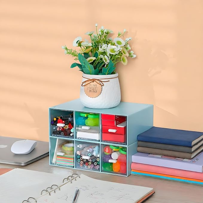 Desktop Drawers, Desk Organizer with 6 Drawers, Stackable Plastic Storage Box for Home Collection, Cosmetics, Jewelry, Office Supplies (2 Tall Layers, Blue)