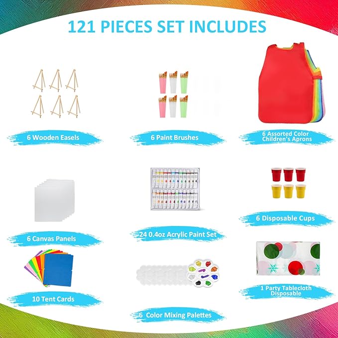 121 Pcs Art Painting Kit Supplies Set for Kids to Party - 60 Paint Brushes, 24 Acrylic Paints, 6 Wood Easels & Canvas Panels & Palettes & Aprons & Wash Pen Cup, 1 Plastic Tablecloth