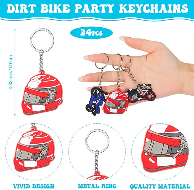 Aoriher 48 Pcs Dirt Bike Party Favors 24 Motocross Rubber Bracelets Wristbands 24 Motorcycle Keychains Birthday Goodie Bag Fillers Classroom Rewards for Kids Boys Girls 2025 Happy New Year Gifts