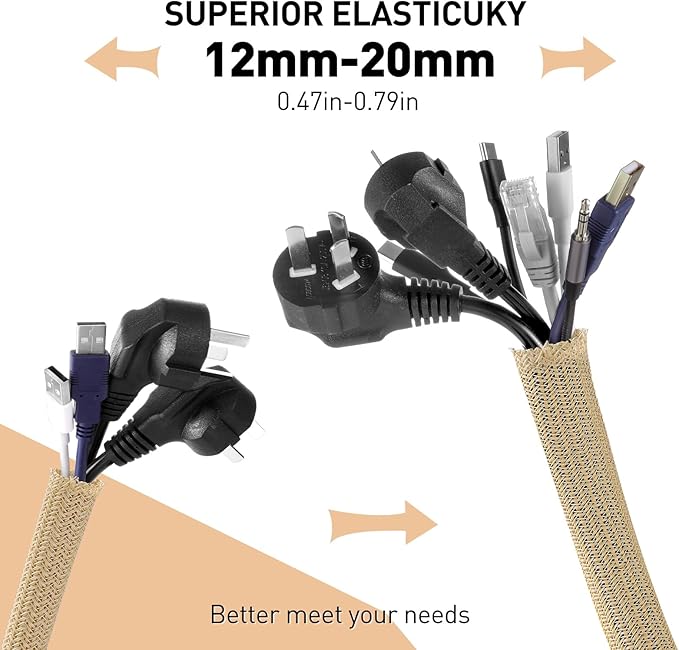 AGPTEK Cable Sleeve Cover, 10ft - 4/5 inch Desk Cord Organizer Cable Hider, Home Office Wire Management Computer TV Wire Loom Tubing, Pet Proof Cord Protector, from Cat Dog Chewing, Wood Color