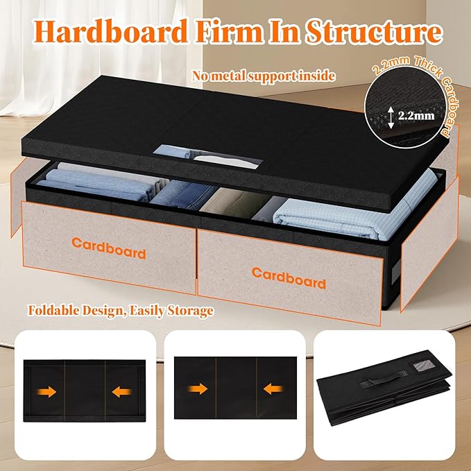 Under Bed Storage Containers with Lids - 2 Pack, Foldable and Stackable Clothes Storage Bags with Clear Window, 3-Sided Handles and Label Slot for Clothing, Blankets, Pillows (Black)