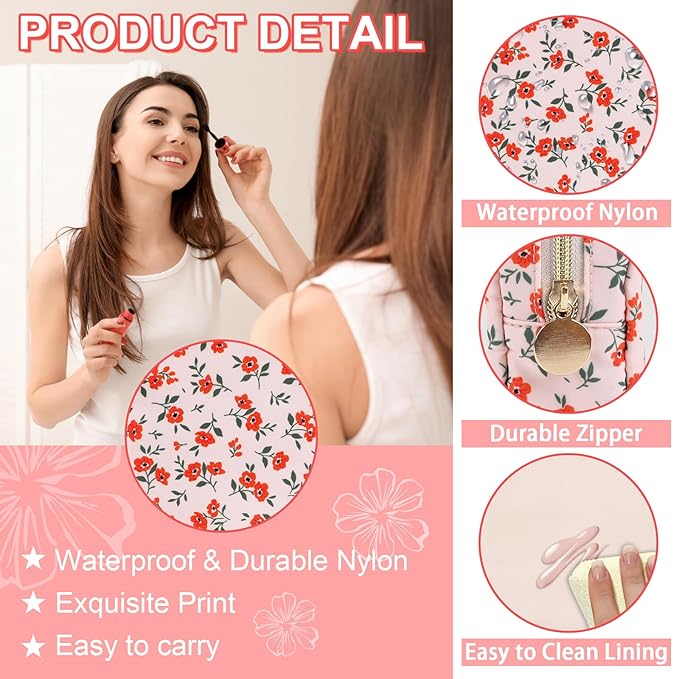 UIXIZQ Waterproof Mini Floral Makeup Bag Pouch for Purse,Nylon Flower Cosmetic Travel Bag Small Preppy Toiletry Organizers Bag for Women Girl,Cute Zipper Pouch Coin Purse for Work(Mini Pink-Flowers)