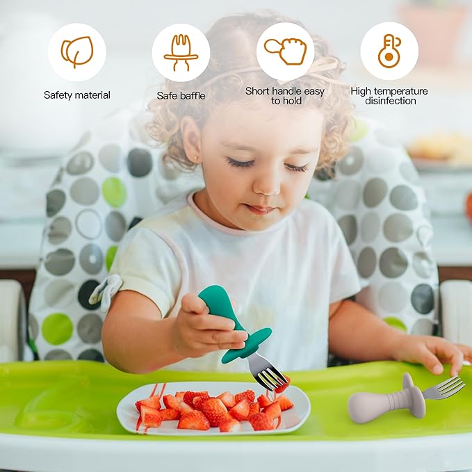 2 Pcs Baby Forks Toddler Forks for Self Feeding, Kids Forks with Silicone Round Handle, Stainless Steel Toddler Utensils Children Safe Silverware Set, Anti-Choke Design, BPA Free