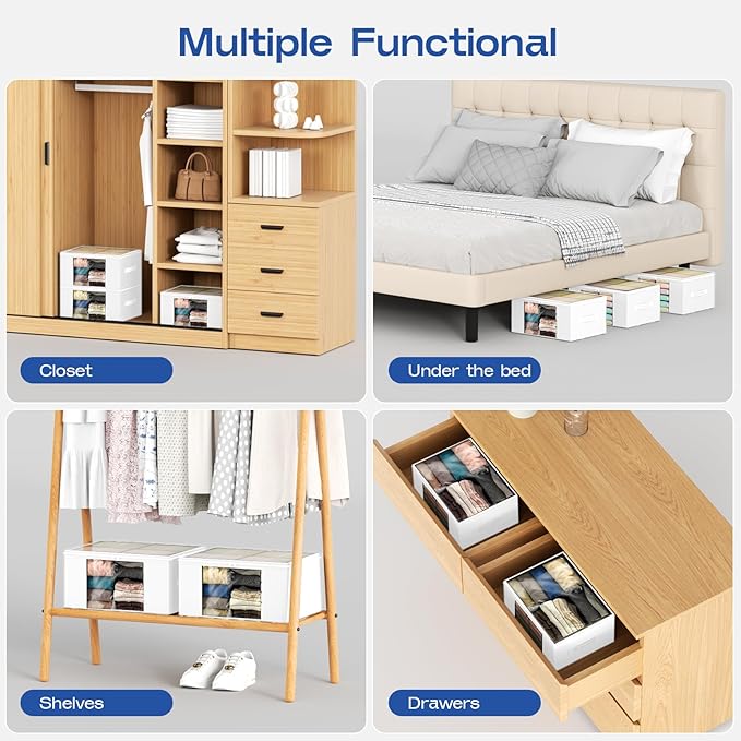 Clothes Storage Bags, Foldable Thick Fabric Blanket Storage Bags, Large Clear Window & Carry Handles, Great for Clothes, Blankets, Closets, Pillows, Toys (White, 6PACK)