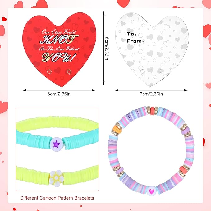 32 Sets Valentines Bracelets with Cards Student Valentines Favors from Teacher Our Class Would Knot Be the Same Without You Adjustable Stretch Beaded Friendship Bracelet Classroom Gifts