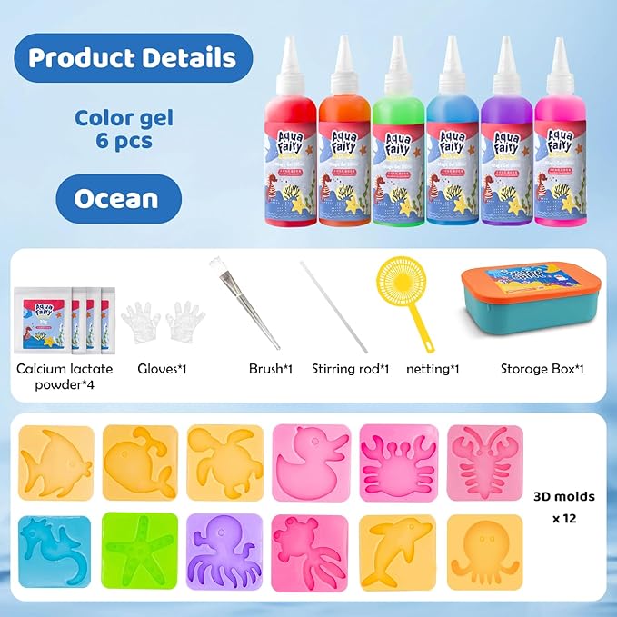 HOWUKE Magic Water Elf Kit, Aqua Fairy Water Gel, 100ml Large Capacity Set with 12 Shape Molds, Kids' Creative DIY Handmade Water Toy, 6 Colors
