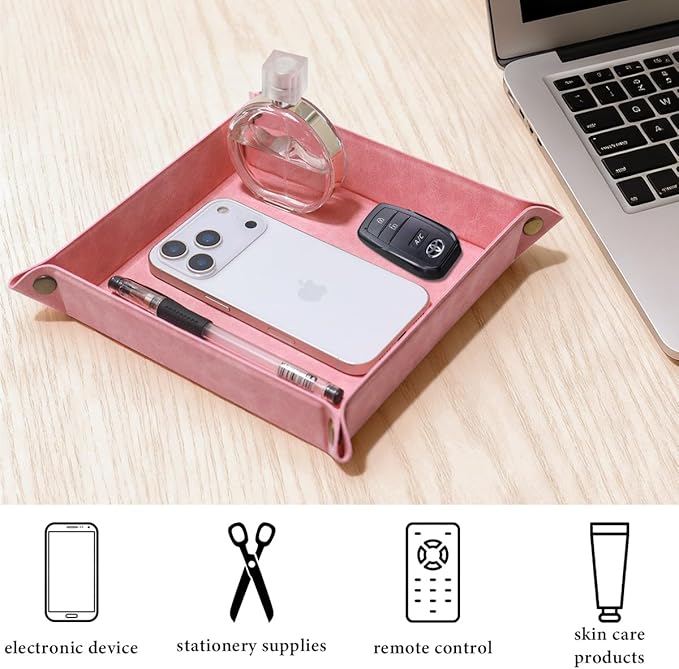 WAYIFON Valet Tray Desktop Storage Organizer – Premium PU Leather Catchall Bedside Vanity Tray Nightstand Caddy Holder for Remote Controller, Keys, Phone, Wallet, Coin, Jewelry,Pink