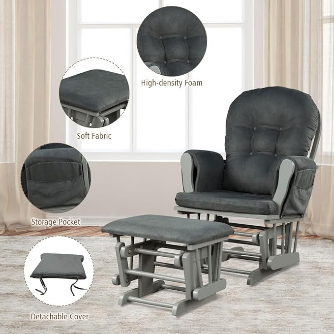 Costzon Nursery Glider with Ottoman, Upholstered Comfort Glider Rocker with Padded Cushion, Storage Pocket, Solid Wood Base, Rocking Chair Nursery for Breastfeeding, Maternity, Napping (Dark Gray)