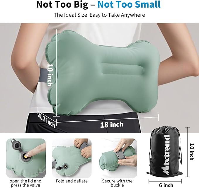 Mixtrend Travel Lumbar Pillow – Inflatable Memory Foam Back Support Cushion for Airplane, Car, Office Chair, Long Flight – Ergonomic Pain Relief for Women, Men & Kids (Matcha Green)