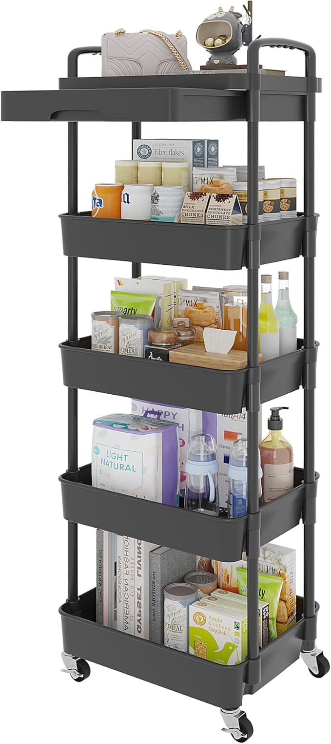 Calmootey 5-Tier Rolling Utility Cart with Drawer,Multifunctional Storage Organizer with Plastic Shelf & Metal Wheels,Storage Cart for Kitchen,Bathroom,Living Room,Office,Black