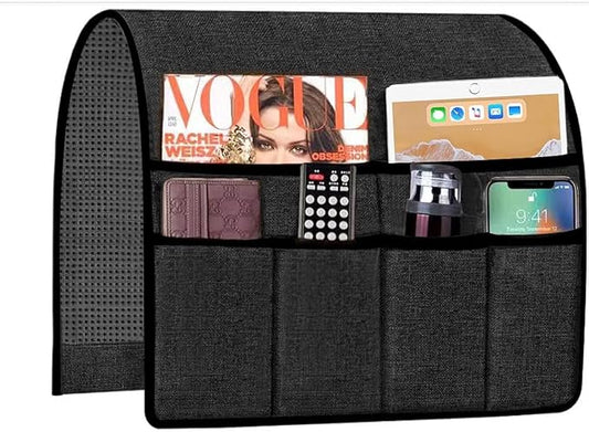 Armrest Caddy Organizer Storage Holder for Couch Sofa Armchair Fit Magazine, Reading Glasses, Books, TV Remote Control, Cell Phone, iPad, 19x35 Inches, Black