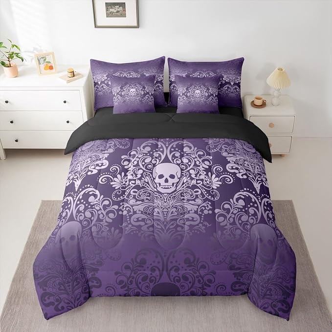 Feelyou Gothic Skull King Comforter Set with Sheets for Kids Boys Girls Damask Print 7 Pieces Bedding Set Goth Bohemian Bed in a Bag Purple Room Decor Soft Lightweight Microfiber