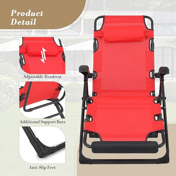 Athena Collection Zero Gravity Outdoor Lounge Chair Recliner, 27" Width Reclining Pool Lounge Lawn Chairs with Headrest Curved Armrest Foot Pad, Outdoor Chaise for Beach Patio Outside, Red