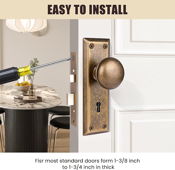 3 Pack Mortise Lock Set for Interior Door, Vintage Door Knobs with Lock and Skeleton Key, Antique Brass Door Knobs for Old Style Doors