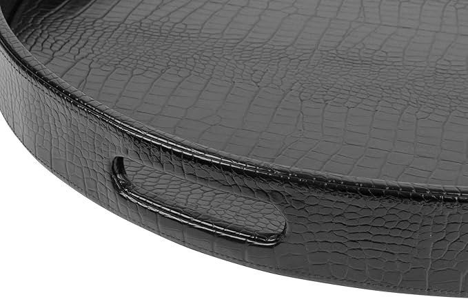 HofferRuffer Extra Large Round Serving Tray, Elegant Faux Leather Circle Ottoman Table Tray with Handles, Serve Tea, Coffee or Breakfast in Bed, Diameter 23.6 x 2.4 inches Height (Black)