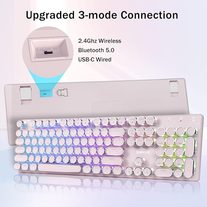 Redragon K710 Wireless Typewriter Mechanical Gaming Keyboard, Bluetooth/2.4Ghz/Wired, RGB Led Backlit, Blue Switch - Clicky, Rechargeable, Solid Metal Panel, Round Keycaps, Pink