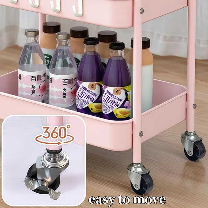 Ufriandz Pink 2 Tier Rolling Cart Metal with Wheels Under Desk Storage Cart for Small Space Organization, Small Trolley for Pantry Room Laundry Bathroom Kitchen Office Art Snack Baby Supplies