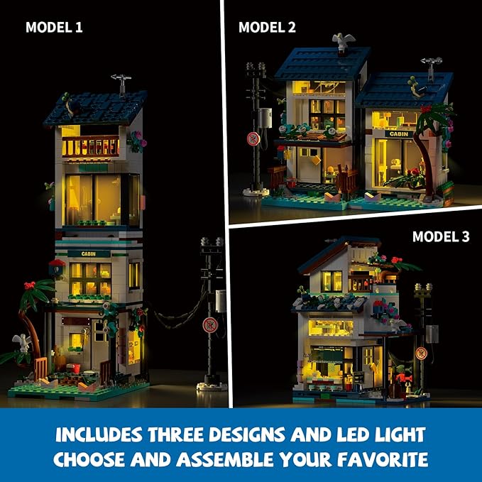 Creative 3 in 1 Vacation Beach House Building Set, Compatible with Lego Friends Seaside Villa, Girls Dream House Construction Educational Toy with Light, Birthday Gift for Kids Aged 6-12 (813 PCS)