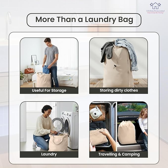 LFH Home Large Premium 100% Cotton Canvas Laundry Bag with Drawstring and Handles Heavy Duty, Multi-Use, and Washable for Home, Travel, College or Storage 24x36 (Pack of 2)-Natural