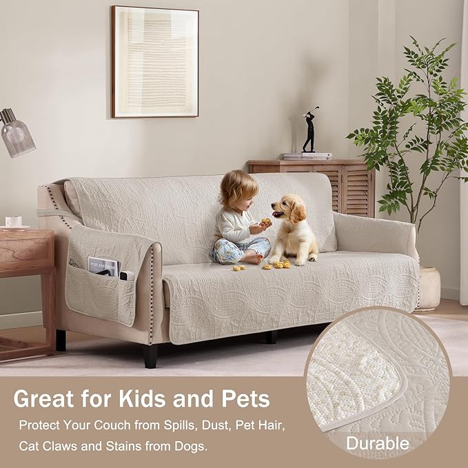 Quilted Beige Sofa Slipcovers with Pockets, Anti-Slip Medallion Couch Covers for 3 Cushion Sofa, Couch Cover for Dogs Cats Water-Repellent Machine Washable (Large Sofa 68", Beige Cream)