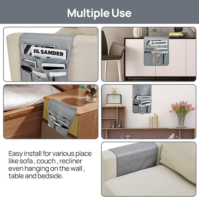 Teniux Remote Control Holder Faux Leather Armrest Organizer with 6 Pockets for Recliner Couch Sofa, Armchair Caddy for Smart Phone, Book, Magazines, Ipad, Remotes (Grey)