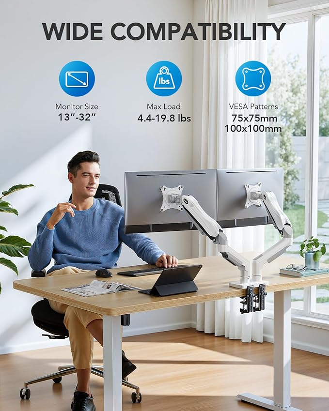 HUANUO Dual Monitor Stand - Full Adjustable Monitor Desk Mount Swivel Vesa Bracket with C Clamp, Grommet Mounting Base for 13 to 32 Inch Computer Screens - Each Arm Holds 4.4 to 19.8lbs - White