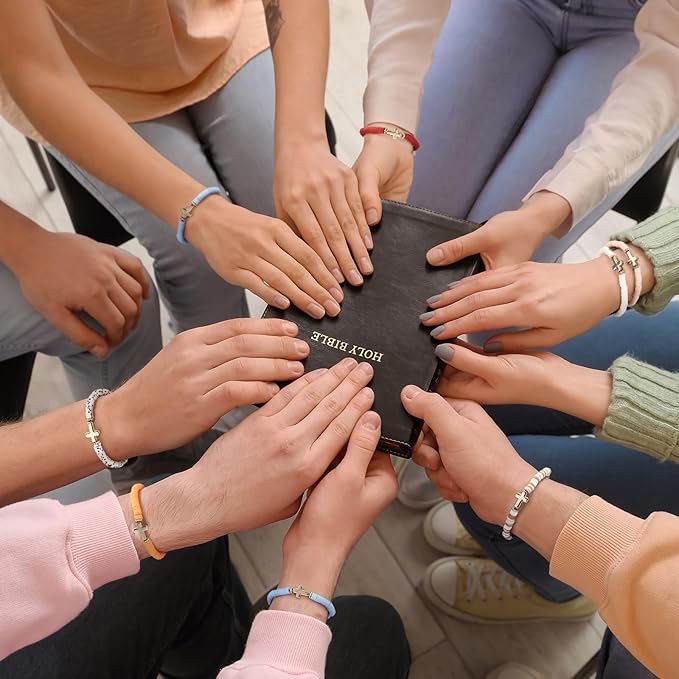 48 Pcs WWJD Bracelets What Would Jesus Do Bracelets for Women, Christian Wristbands Pack Handmade Elastic Beaded Wristbands Inspirational Religious Jewelry Gift for Girls Her(Cross)