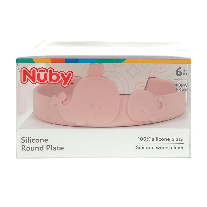 Nuby Animal Friend Silicone Round Plate - Toddler Plate - 6+ Months - Pink Whale Plate