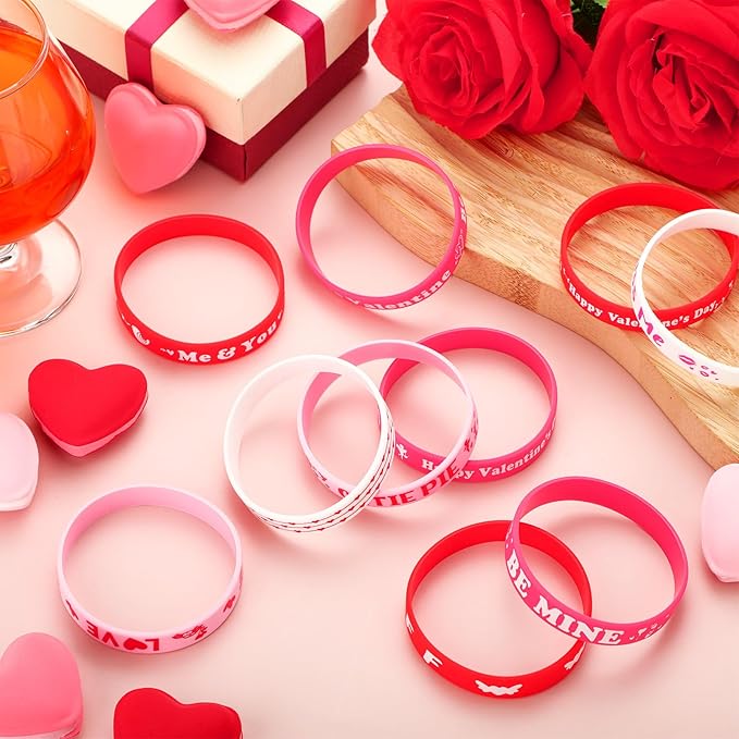 Hiboom 100 Pcs Valentine's Day Bracelets Bulk Silicone Wristband Red Pink Love Heart Accessories Gift for Valentine's Day Party Decorations Favors, 10 Designs