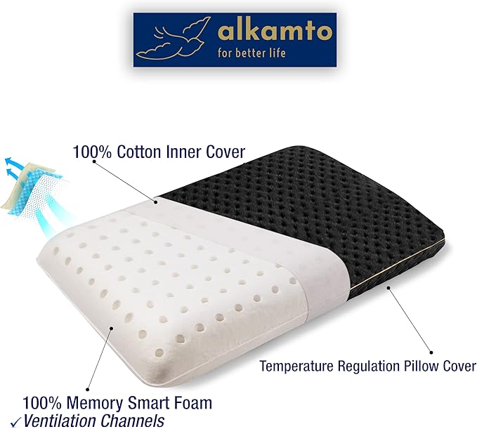 alkamto Travel & Camping Comfortable Memory Foam Pillow – Easy to Carry Portable Bag – Temperature Regulating Pillow Case (Black + Extra Cover)
