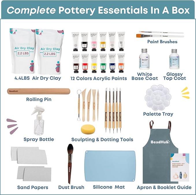 Air Dry Clay Pottery Kit for Adults Beginner, Starter Kit with 4.4Lbs Air-Dry Modeling Clay, Sculpting Tools, Paint & Glaze, Molding, Sculpt & Painting Set Hobby DIY Art Craft Kits (Gray Beige)