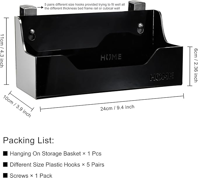 Bedside Caddy Hanging Storage Basket Little Plastic Beside Shelf Hang-on Storage Organizer for Collage Dorm Bunk Bed,Changing Table - Bedroom Essentials for Phone,Mini Speaker,Tissues (Black)