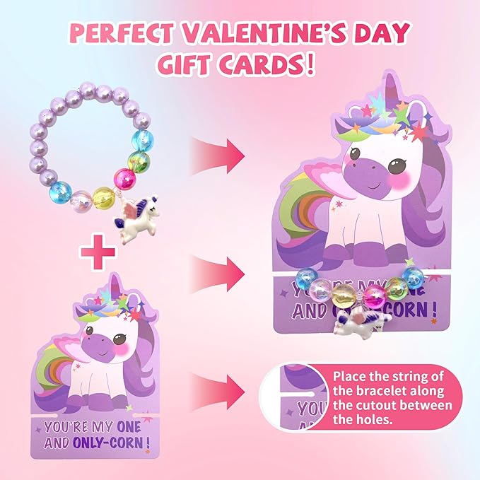 30Pack Mermaid & Unicorn Valentines Day Cards for Kids with Rainbow Bracelets - Perfect Classroom Prizes, Unicorn Valentines Gifts for Kids Party Favors for School Exchange Gifts for Girls