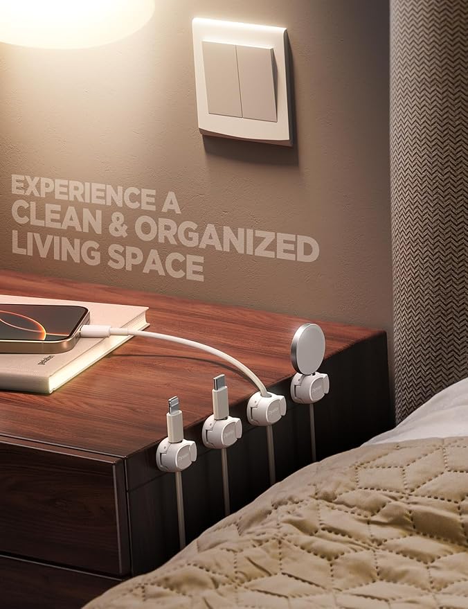 12Pack Cord Organizer [Dual Spring & Clasp] [Max Stability] Cable Clips, Chfeila Cord Holder, Desk Cable Management, Adhesive Wire Organizer for Home Office Desktop Nightstand Car Table Wall - White