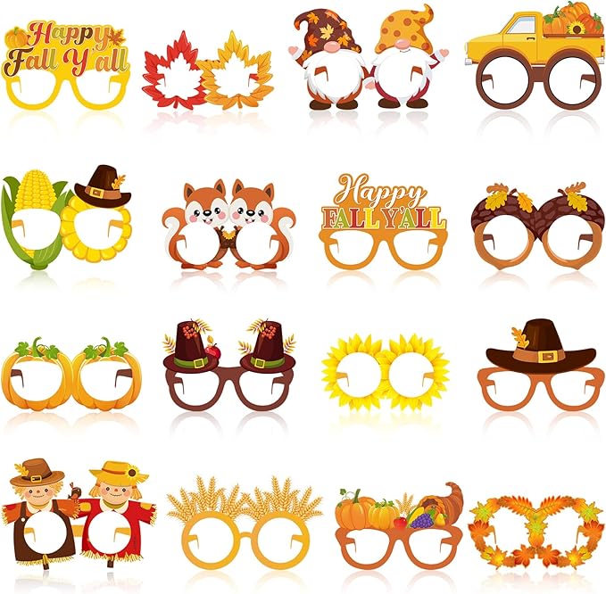 32 Pcs Fall Party Decoration Paper Eyeglasses Autumn Thanksgiving Costume Photo Booth Props Pumpkin Maple Leaf Fall Themed Supplies for Happy Fall Harvest Decorations Thanksgiving Party Favor
