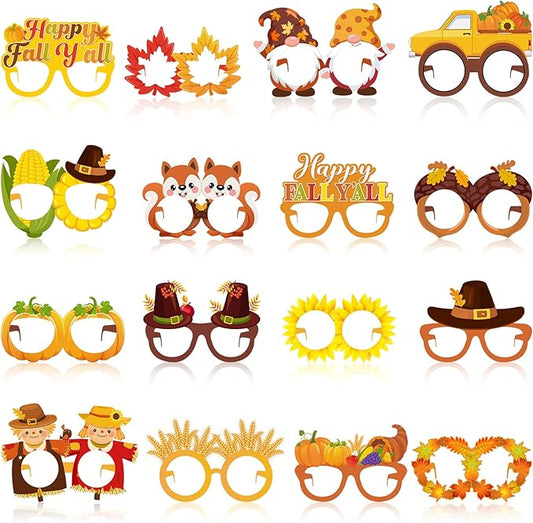 32 Pcs Fall Party Decoration Paper Eyeglasses Autumn Thanksgiving Costume Photo Booth Props Pumpkin Maple Leaf Fall Themed Supplies for Happy Fall Harvest Decorations Thanksgiving Party Favor