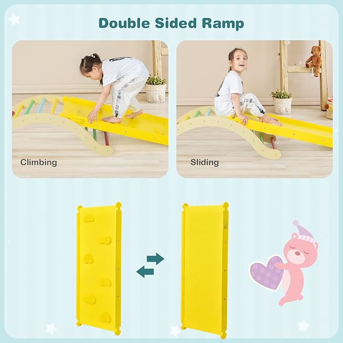 Costzon Climbing Toys for Toddlers, 3-in-1 Montessori Wooden Arch Climber Ladder Structure with Rock Climbing Ramp/Padding, Indoor Gym Learning Playset, Playground for Kids Gift (Rainbow)