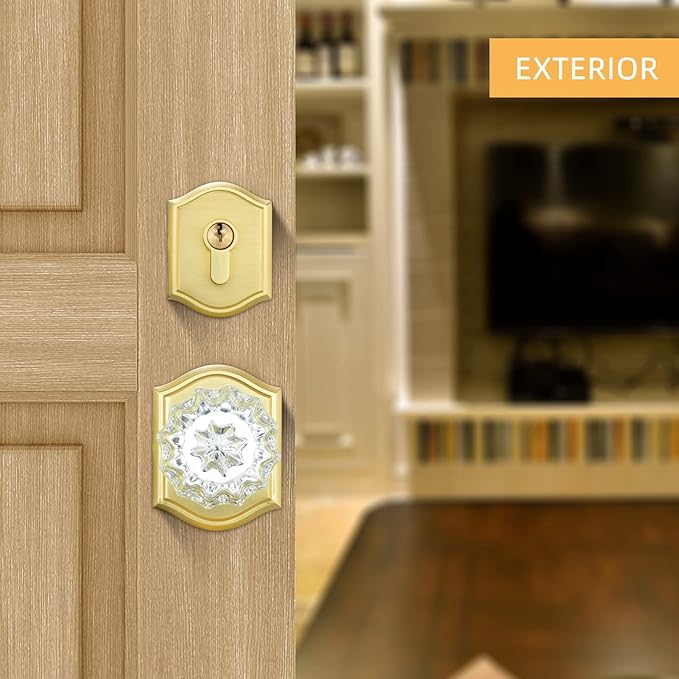 Crystal Glass Passage Door Knob and Single Cylinder Deadbolt Combo Set, Satin Brass Finish