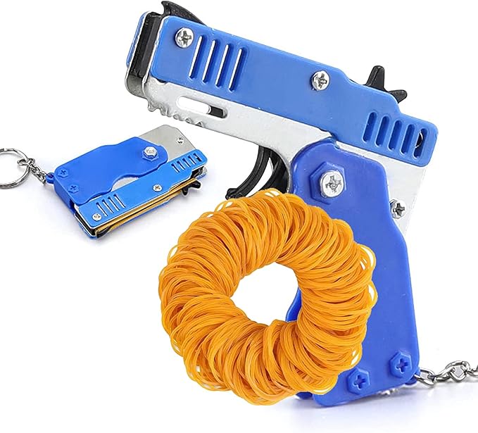 Kids Toys Cool Keychain Rubber Band Mini Metal Folding Rubber Launcher Toy with 60 Elastic Rubber Bands for Game Outdoor Activities (Blue)
