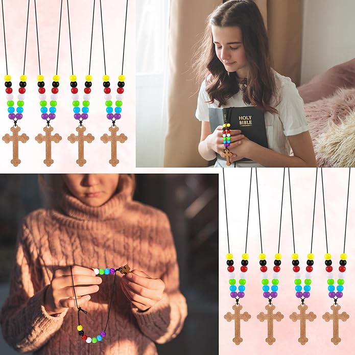 16 Set DIY Wooden Cross Necklaces Christian Crafts DIY Cross Necklace with Colorful Assorted Beads for Sunday Crafts Men Women