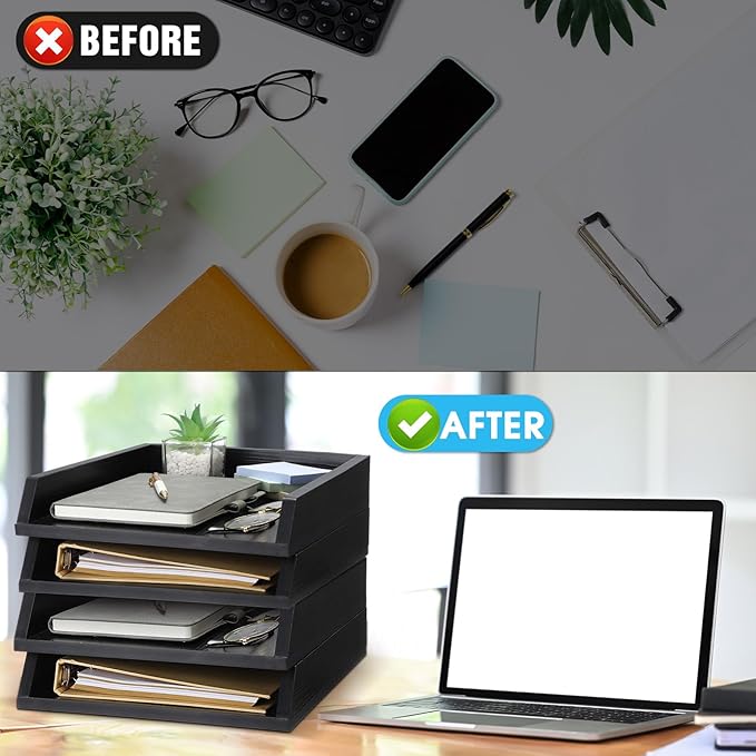 DoubleFill 4 Pcs Wooden Letter Trays Wood Letter-Size Desk Organizer Heavy Duty 2 Tier Stackable Supports Paper Tray Desktop Drawer Organizer File Folder Magazine Office Accessories (Black)
