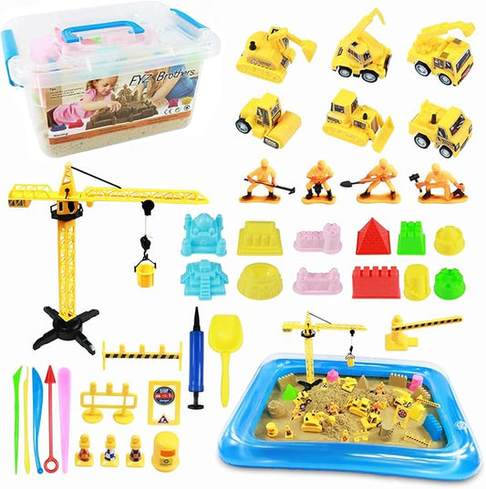 FYZ Brothers Play Sand Kit for Kids, 40 Pcs Sandbox Toys Set, 3lbs Sensory Sand, Sand Molding Tools, Construction Toys and Signs, Christmas Gift for Boys and Girls