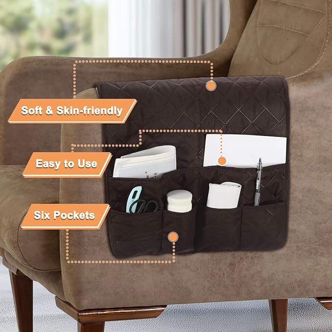 uxcell Couch Sofa Armrest Organizer Non-Slip Chair Arm Recliner Remote Control Organizer with 6 Pockets for Books, Magazines, Tablet, Phone, Chocolate