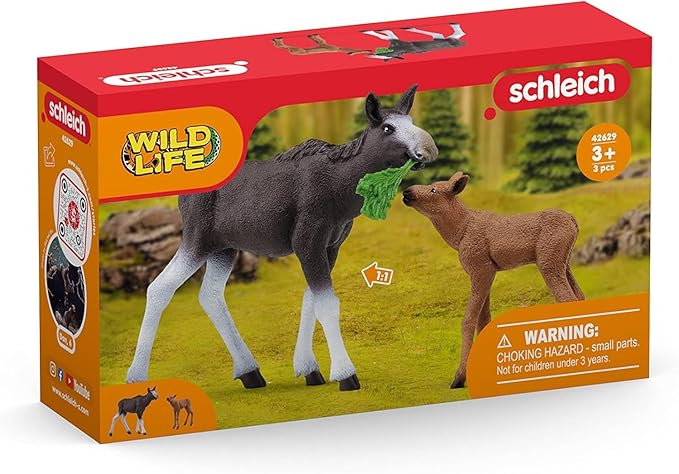 Schleich Wild Life Mother Moose and Calf Playset - North American Forest Animal Toys Playset with Realistic Natural Mother Moose and Baby Calf, Gift for Toddlers, Kids, Boys, and Girls Ages 3 and Up