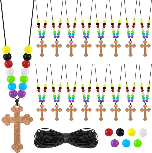 16 Set DIY Wooden Cross Necklaces Christian Crafts DIY Cross Necklace with Colorful Assorted Beads for Sunday Crafts Men Women