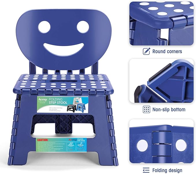 ACSTEP Folding Step Stool with Back Support for Kids,9" Kids Step Stool for Outdoor or Indoor Kitchen Step Stools and Bathroom Stool for Toddlers Boys Girls - Royal Blue