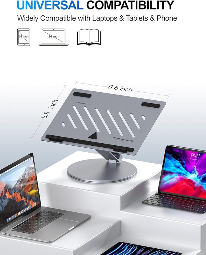 Adjustable Laptop Stand for Desk - 360° Rotating Ergonomic Riser with Aluminum Cooling Vents & Sturdy Construction for 10-16 Inch MacBook Pro/Air, Foldable Portable for Office & Home - Gray