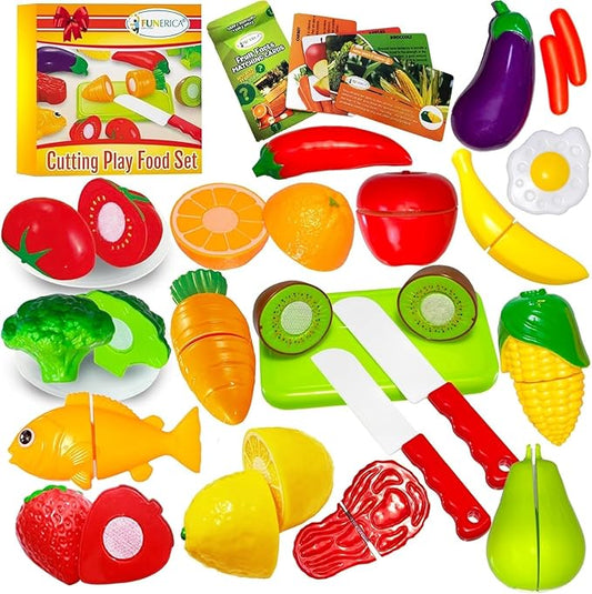 FUNERICA Cuttable Play Food, Fruits and Vegetables for Kids, Pretend Kitchen Toy Accessories Set with Knives, Cutting Board, Plates - Cutting Food for Toddlers and Kids